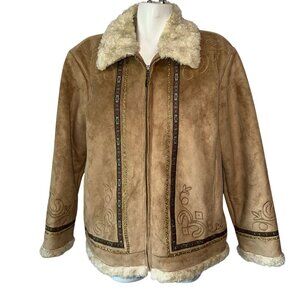 Coldwater Creek Faux Suede Sherpa Jacket Tan Size Large Embroidered Hippie Women